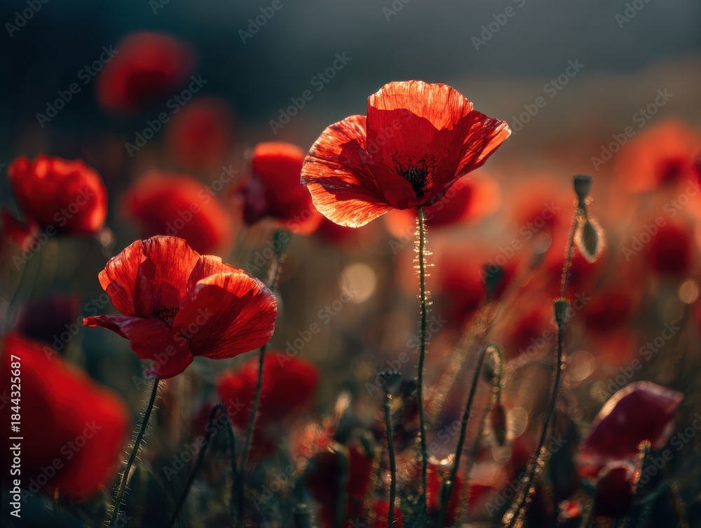 Fototapeta premium A vibrant field of red flowers bathed in sunlight, a stunning natural landscape.