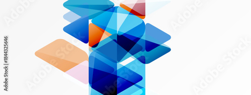 Abstract geometric shapes overlap. Blue, orange hues dominate composition. Transparency creates layered visual effect. Modern design element.