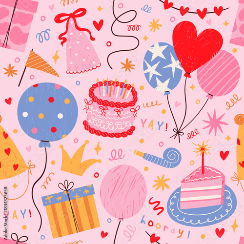 Seamless vector pattern with kids birthday party decorative elements, balloons, cakes and gifts with hatching pencil texture. Cute background with childlike vibrant drawings for celebration event desi