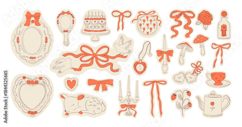 Vector set of elegant vintage stickers for romantic design. Ornate frames, ribbon bows, cake, flowers and candles for valentine's day or wedding. Coquette feminine illustrations