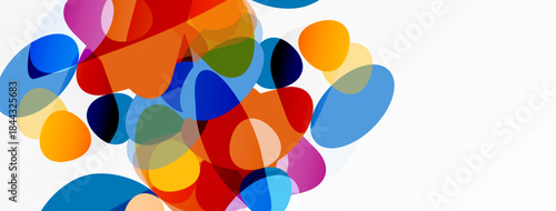 Abstract colorful shapes overlap, creating dynamic visual composition. Bright hues blend, forming interesting patterns. Simple, modern design.