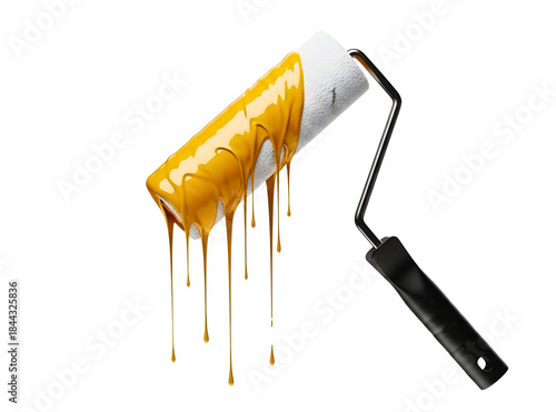 Paint roller with dripping yellow paint on transparent background