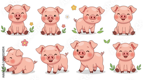 Cute Cartoon Piglets Playing and Sitting in Nature with Flowers and Leaves