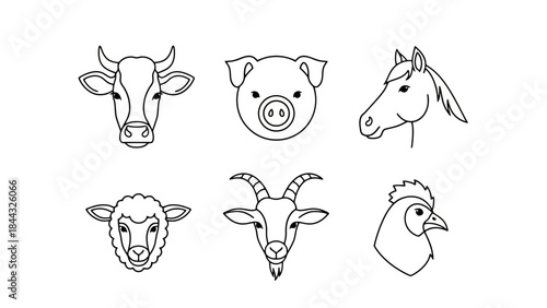 Set of Six Minimalist Outline Farm Animal Heads on White Background