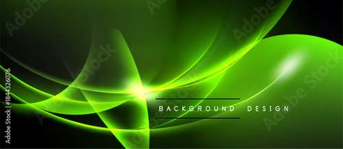 Bright green abstract lines create dynamic flow. Dark background emphasizes luminous curves, modern design element.