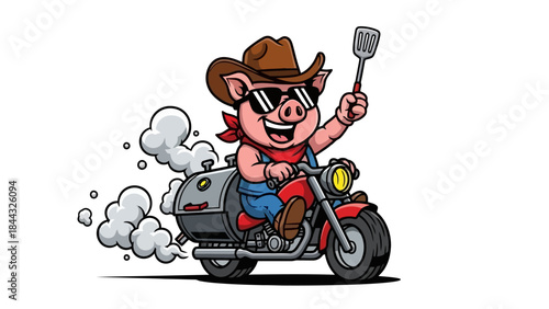 Happy Pig Wearing Cowboy Hat Riding Motorcycle with Smoker and Spatula