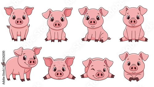 Cute Set of Adorable Pink Piglets in Various Poses Vector Illustrations