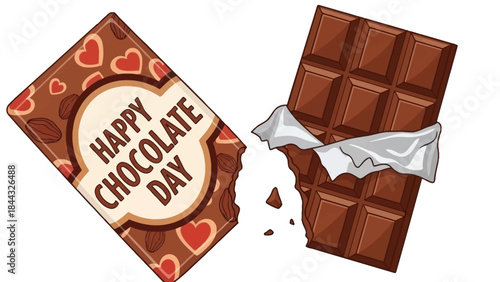 Chocolate bar and wrapper with Happy Chocolate Day text on white background