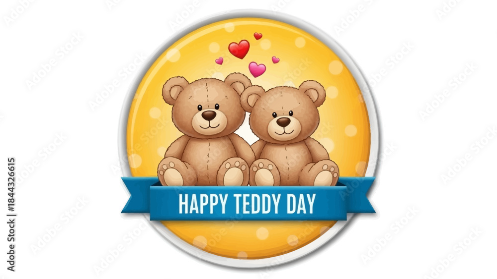 Naklejka premium Two brown teddy bears on yellow circle with Happy Teddy Day banner