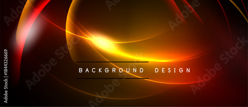 Abstract design features glowing curves, warm colors. Dark background emphasizes bright central light source, creating dynamic visual effect.