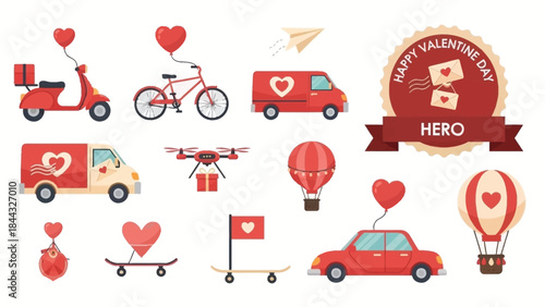 Valentine's Day themed vehicles and delivery icons with hearts