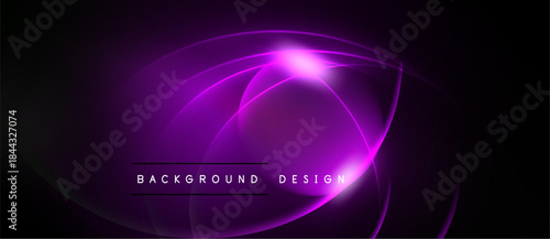 Abstract purple glow, curved lines create dynamic visual. Dark background emphasizes bright central light source, modern design element.