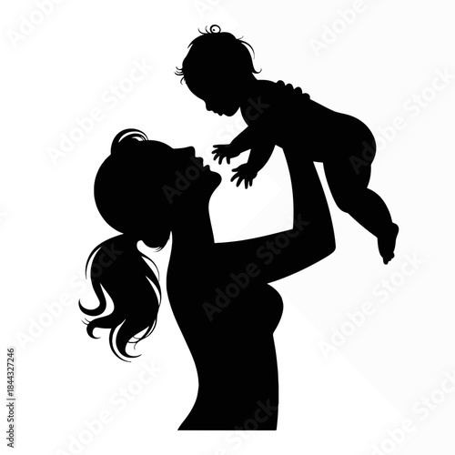 Minimalist silhouette shows mother lifting baby, full of joy and maternal affection. Stylized stroke line art depicts mother lifting baby upward, symbolizing love, bond, care.