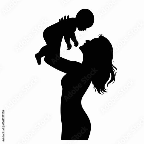 Stylized silhouette of mother lifting baby, illustrating loving connection, pure joy between parent, child. Mother baby symbolizes maternal care, protection, nurturing embrace.