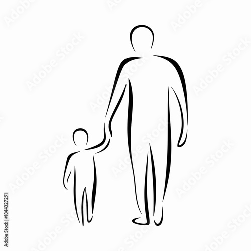 Parent child hand drawing depicting adult and child walking together, smooth elegant line art illustration. Minimalist parent child hand graphic showing bond and care, simple outline.
