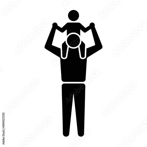 Stylized silhouette of father holding child on his shoulders, depicting strong paternal bond and family happiness. Father child shoulders moment symbolizes love, care.