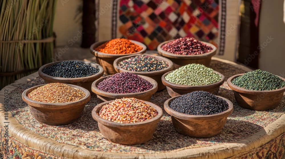 Fototapeta premium Bowls of various vegan grains and spices on display outdoors