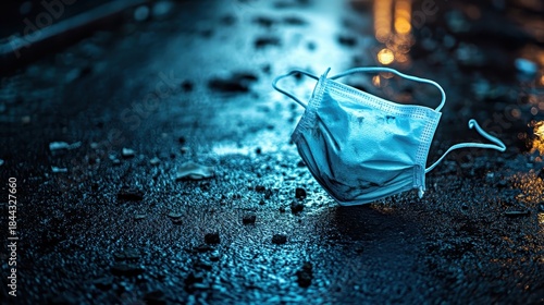 Fototapeta Naklejka Na Ścianę i Meble -  A single disposable blue respirator mask abandoned on a wet dark street surface with small dark debris