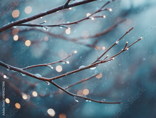 Bare winter branch with tiny dew droplets, macro photography, cool color balance, soft focus background