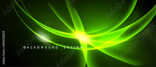 Bright green energy flows radiate from central point. Dark background enhances luminous curves, creating dynamic visual effect.