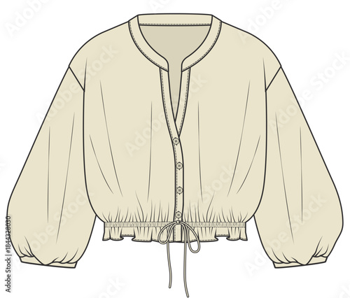 womens bishop sleeve button notch neck blouse flat sketch vector illustration technical cad drawing template