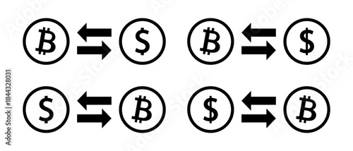 Bitcoin to dollar exchange rate icon set. Cryptocurrency conversion symbol