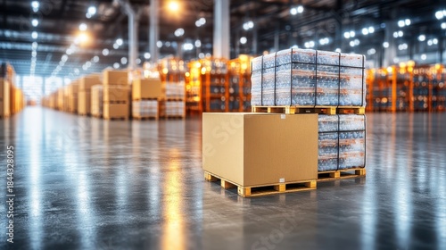 Cardboard shipping cartons and stacked goods on pallets inside a vast commercial warehouse storage facility