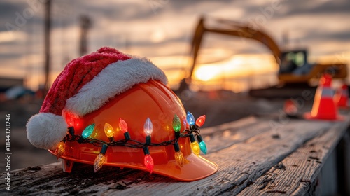 Festive construction: Hard hat with Santa hat and lights on wooden surface.