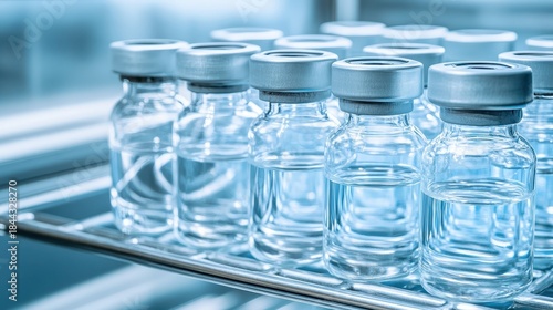 Clear cryogenic vials stacked on a shelf in a laboratory