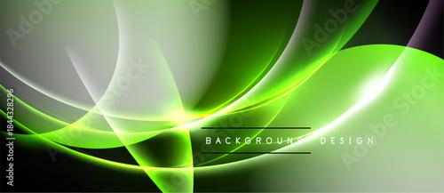 Abstract green waves, bright lines, dark background. Modern design element, smooth curves, dynamic composition. Simple text overlay present.