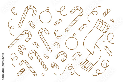 Holiday decorations featuring candy canes, ornaments, and scarves in a festive design for winter celebrations