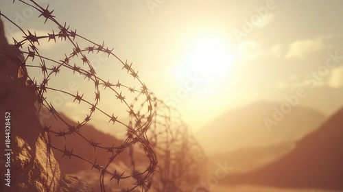 Barbed wire fence in a dusty arid landscape during sunset