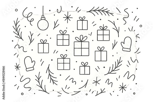 Holiday themed design with gifts, ornaments, and winter elements in a festive pattern