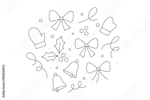 Winter holiday decorations featuring bells, bows, and mittens arranged in a festive pattern