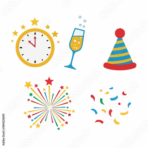 New Year celebration icon set, flat vector style, fireworks, champagne glass, party hat, clock midnight, confetti, clean minimal design, solid color, isolated on white background