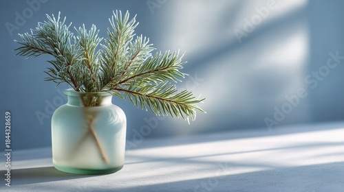 Frosted glass vase with evergreen stems, light diffusion, pristine minimalism, near-monochrome