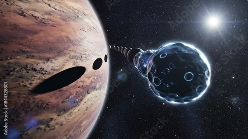 Dramatic scene where a massive, textured planet casts dynamic shadows onto its rapidly orbiting smaller moons positioned in a long, illuminated chain future, technology, conceptual