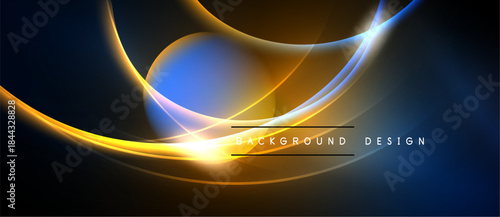 Abstract neon lines create dynamic flow. Bright orange, blue hues contrast dark background. Modern design element.