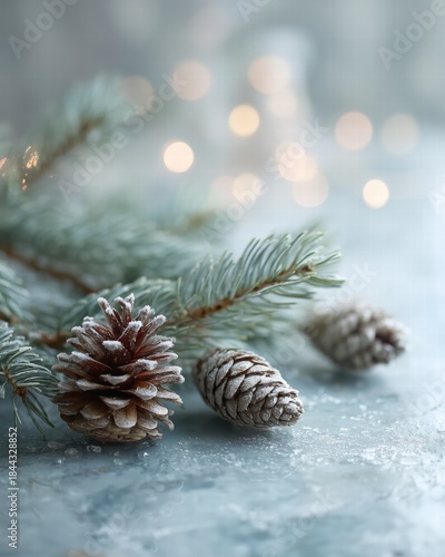 Minimalist Christmas still life with pine branches, soft bokeh lights, pinecones, frost on glass, studio lighting, high detail