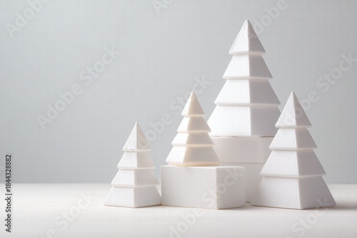 Minimalist white Christmas trees made of stacked blocks, geometric design, studio lighting, clean backdrop