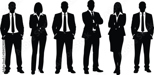 Large diverse group people silhouettes vector set standing sitting relaxing formal casual business leisure poses representing teamwork unity anonymous white background.