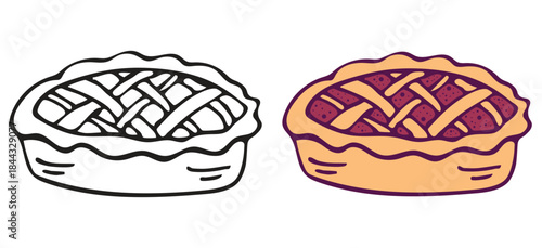 Hand drawn colorful homemade pie doodle and outline sketch vector icon set. Sweet dessert pastry bakery food illustration design element.
