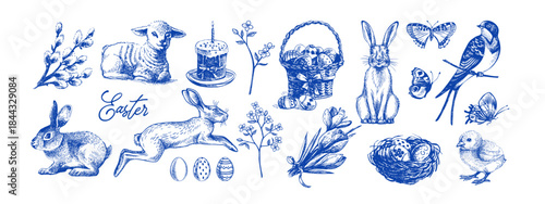 Vintage Easter hand drawn set. Spring greeting cards and invitation design. Retro sketch vector illustration. Stickers collage elements