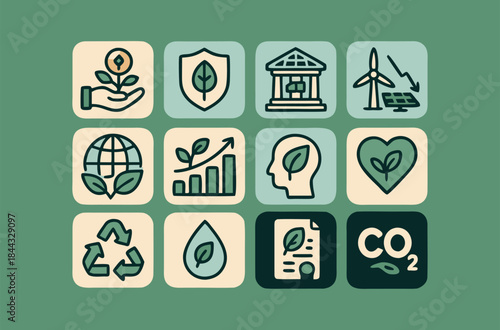 ESG & Sustainable Finance Vector Icon Set - Green Economy, Net Zero, and Eco-Friendly Investment Symbols
