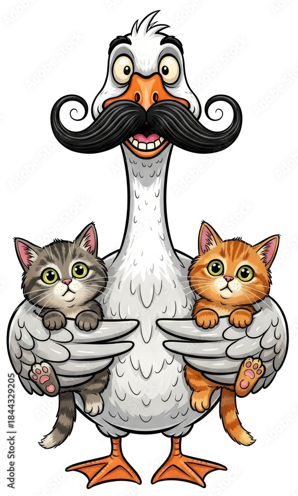 Obraz premium Cute cartoon duck with mustache holding two little kittens in its wings on transparent background. Funny animal illustration.