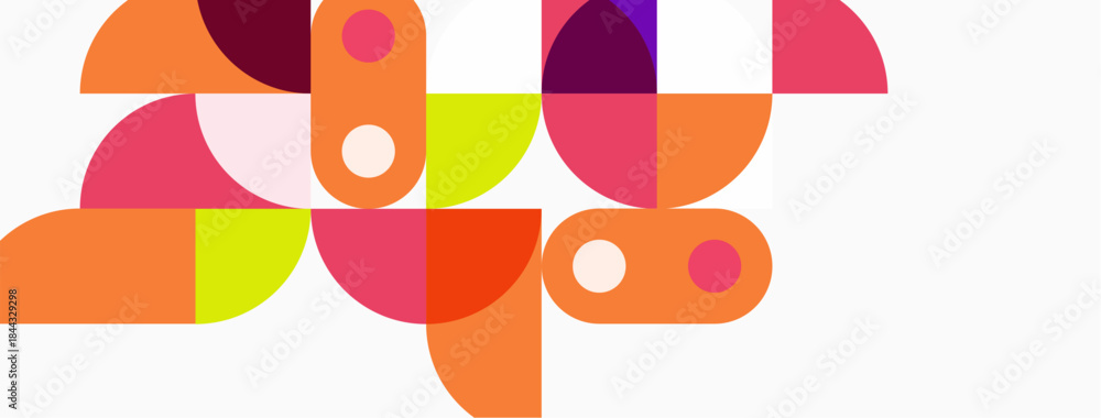 Fototapeta premium Abstract geometric shapes, vibrant colors, playful composition. Circles, arcs, overlapping forms create dynamic visual interest. Modern design.