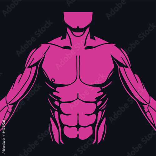 Stylized illustration of a muscular male torso and arms in bright magenta