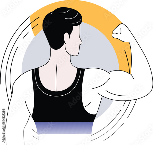 Man flexing bicep showing strength and fitness in abstract design