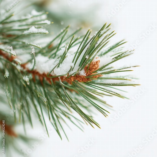 Snowy pine branch close-up with pine needles, macro clarity, pure white background, subtle depth