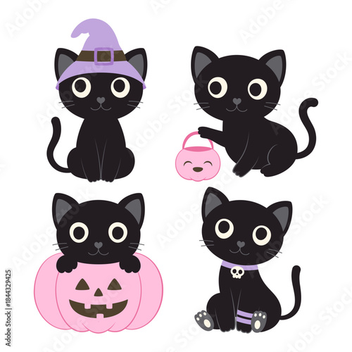 halloween set with black cats, pumpkin and witch hat, flat vector illustration in cartoon style isolated on white background